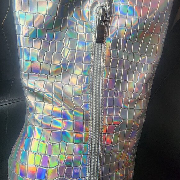 Iridescent Silver Knee High Textured High Heel Boots - Picture 7 of 8